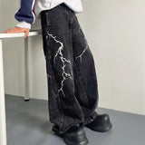 Cyber Y2K Streetwear Embroidery Lightning Black Baggy Jeans Pants Men 90S Vintage Clothes Wide Leg Hip Hop Long Trousers