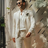 Linen Wedding Suits for Men Garden Summer Groom Tuxedo Notch Lapel Prom Blazer 2 Piece Set ( Jacket + Pants )
