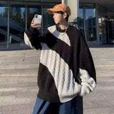 Korean style autumn and winter men and women trend splicing round neck sweater for couples loose retro Harajuku knitted top y2k