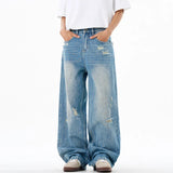 American Style Men's Jeans Holes Design Washing Gradient Color Summer Straight Leg Loose Male Denim Trousers Simple