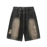 Hip Hop Denim Shorts Men Streetwear Vintage Patch Jeans Short Oversized Harajuku Embroidery Black Baggy Knee Length Pants Unisex