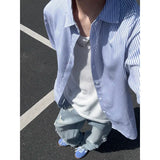 Summer Short Sleeved Shirt Men Black Blue Casual Shirt Men Streetwear Korean Loose Striped Shirt Mens Formal Dress Shirts