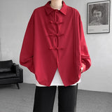 Men's Dial Buckle Solid Long Sleeve Shirt Chic Pleated Decor Spring New Loose Casual Traditional Chinese Style Clothing