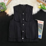 Men Vests Japanese Safari Style Stylish Chic Baggy Outer Techwear Retro Multi Pockets Daily Simple All-match Cozy Sleeveless