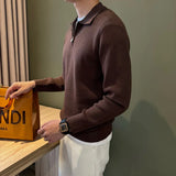 Autumn Casual Men Polo Sweater Light Luxury Zip-up Solid Color Long Sleeve Knitted Pullover Daily Commuting Basic Knitwear M-3XL