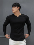 Tops Slim Fit T Shirts for Men Black Running Male Clothes Gym Tight V Neck Oversize Big Size Elasticity Korean Luxury Casual New