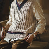 Retro Ivy Knit V-Neck Sweaters Vest Color-Block Sleeveless Classic Versatile Men's Khaki Tops with Preppy Style for Autumn