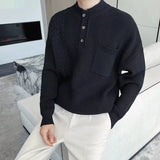Korean Popular Men's Henry Collar Sweater Light Luxury Knit Long Sleeve Button Pullover Trending Jacquarded Solid Color Knitwear