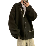 Striped Plush V-neck Sweater Men's Loose Casual Brushed Knit Trendy Couple Versatile Comfortable Harajuku High Street Cardigan