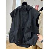 American Black Sleeveless Vest Thin Baseball Uniform Jacket Women Korean Hip Hop Summer Zipper Outer Wear Thin Vest Horse Clip
