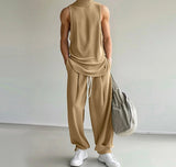 Men Sets Solid Color Streetwear Turtleneck Sleeveless Tank Tops & Drawstring Pants 2PCS Fashion Men's Casual Suits