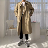 Korean Style Spring Trench Coat Man Streetwear Windbreaker Men Solid Business Casual Loose Sashe Fashion Long Overcoat 남성 트렌치코트