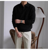 Men's American Retro Polo Sweater Luxury Trendy Business V Neck Knit Solid Color Pullover Leisure Slim-fit Long Sleeve Knitwear