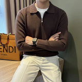 Autumn Casual Men Polo Sweater Light Luxury Zip-up Solid Color Long Sleeve Knitted Pullover Daily Commuting Basic Knitwear M-3XL