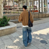 Khaki Cargos Stand Collar Jackets Men's Japanese Retro Streetwear Fashion Solid Color Zipper Long Sleeve Coats Autumn Clothing