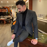Houndstooth Men's Slim Fit Suit 2-piece Set Winter Wool Blazer Pants Wedding Groom Tuxedo Men's Workwear Outfit