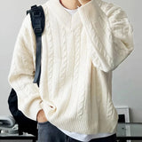 New American Retro Men Jacquarded Sweater Casual V Neck Solid Color Long Sleeve Knitwear Premium Quality Knitted Pullovers M-2XL