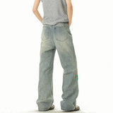 Blue Jeans Men Fashion Casual Straight Jeans Streetwear Hip-hop Loose Flower Jeans Mens Vintage Denim Pants Man Trousers