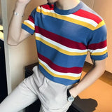 Vintage Knitted Striped T-shirts Mens Summer Casual Slim Fit O Neck Jumper Tops Men Short Sleeve Fashion Knit T Shirt Streetwear
