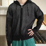Fall Winter Men Cardigan Jacket Hip Hop Hollow Out Hooded Sweater Zipper Solid Color Cardigan Male Coat