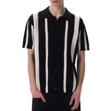 New Men Striped Hollow Out Cardigan Tops Light Luxury Casual Button-down Short Sleeve Shirs Leisure Streetwear Fashion Knitwear