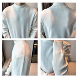 New Korean Retro Men Basic Sweaters Luxury Knit Solid Color Mock Neck Long Sleeve Pullover Casual Textured High Quality Knitwear