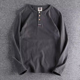 Henry Neck Long-sleeved T-shirt Men's Autumn Winter Solid Color Vintage Top Loose American Retro Casual Bottoming Shirt