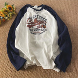 Vintage Oversized T-shirt for Men Contrast Color Raglan Long Sleeve Letter Print T Shirt Hip-hop American Retro Unisex Tops Tees