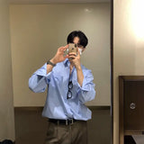 Korean Fashion Men High-end Light Blue Shirt Men Summer Solid Color Simple Casual Loose Button Pocket Long sleeve Shirts for Men
