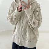 Autumn Niche Hollow Knitted Sweater Men Cardigan Hooded Zipper Long-sleeved Korean Style Trendy Design Sweater Men Cardigan Coat