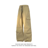 Men's Multi-pocke t Pleated Wide Leg Cargo Pants Korean Fashion Straight Pants Male Casual Loose Drawstring Trousers 5XL-M