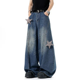 Workwear Curved Knife Jeans Men American Style Star Decoration Wide Leg Male Denim Pants Baggy Straight Trousers New