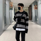 Men's Knitted Drooping Striped Sweater Light Luxury Pullover Casual Loose O Neck Solid Color Long Sleeve Korean Popular Knitwear