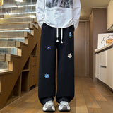 Black Casual Pants Men Fashion Embroidered Flower Sweatpants Men Streetwear Hip-hop Loose Wide Leg Pants Mens Joggers Trousers