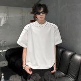 Korean Style Men's T-shirts Short Sleeved O-neck Handmade Diamonds Decoration Tees Loose Shoulder Pads Male Tops