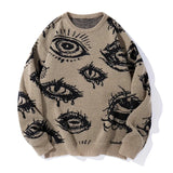New American Trendy Men Sweater High Street Dark Eyes Printed Knit O Neck Long Sleeve Pullover Casual Loose High Street Knitwear