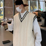 American Fashion Retro V-neck College Style Knitwear Vest Autumn Winter Fried Dough Twists Color Contrast Lovers Sleeveless Vest