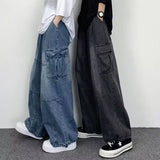 Men New Street Vintage Jeans Male Wide Leg Big Pocket Overalls Y2K Neutral Loose Straight Leg Casual High Street Hip Hop Pants
