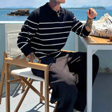 American Chic Striped Men Polo Sweater Luxury Trendy Business V Neck Knit Solid Color Pullover Leisure Slim Long Sleeve Knitwear