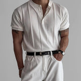 Spring Summer Casual Mens Knitted Tees Vintage Pleated Solid Color Knit T Shirt For Men Stylish Button O Neck Knitted Tops
