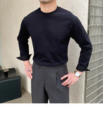 New Autumn Fashion Men T-shirt Light Luxury Solid Color Long Sleeve Tops Leisure Streetwear Casual O Neck Basic Shirts M-3XL