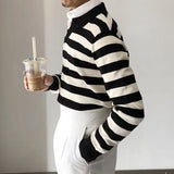 American Chic Striped Men Polo Sweater Luxury Trendy Business V Neck Knit Solid Color Pullover Leisure Slim Long Sleeve Knitwear