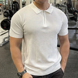 New Men Fashion Tops American Style Light Luxury Knitted Zipper Polo Shirt Casual Fitness Solid Color Short Sleeve Fitness Tees