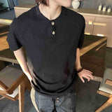 New Simple Men's Short Sleeved T-shirts Round Neck Button Design Casual Menswear Solid Color Loose Male Pullover Tee