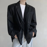 Fashion Men's Suit Casual PU Leather Patchwork Shoulder Padded Solid Color Double Breasted Male Blazers Autumn