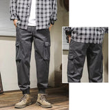 Men Basic Multi Pockets High Street Pants Versatile Straight Leg Casual Trousers Spring Autumn New Drawstring Tie Up Cargo Pants