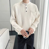 Korean Popular Men's Henry Collar Sweater Light Luxury Knit Long Sleeve Button Pullover Trending Jacquarded Solid Color Knitwear