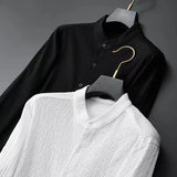 Spring Summer New Fashion Suit Men Long Sleeve Casual Shirts And Pant Seersucker Striped Pleats Slim Handsome Two-piece Set