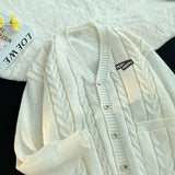 Letter Twists Cardigan Sweater Men New Preppy Grunge Cityboy Knit Jacket Japan Couple Casual V-neck Sweater Coat