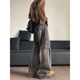 Men Straight Loose Vintage Rust Color Distressed Denim Pants Streetwear Casual  Baggy Trousers Trendy Hip Hop Floor Length Jeans